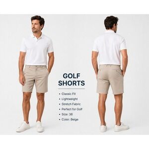 Pro Tour Mens Golf Shorts Khaki Tan Stretch 44 Flat Front Performance Pockets